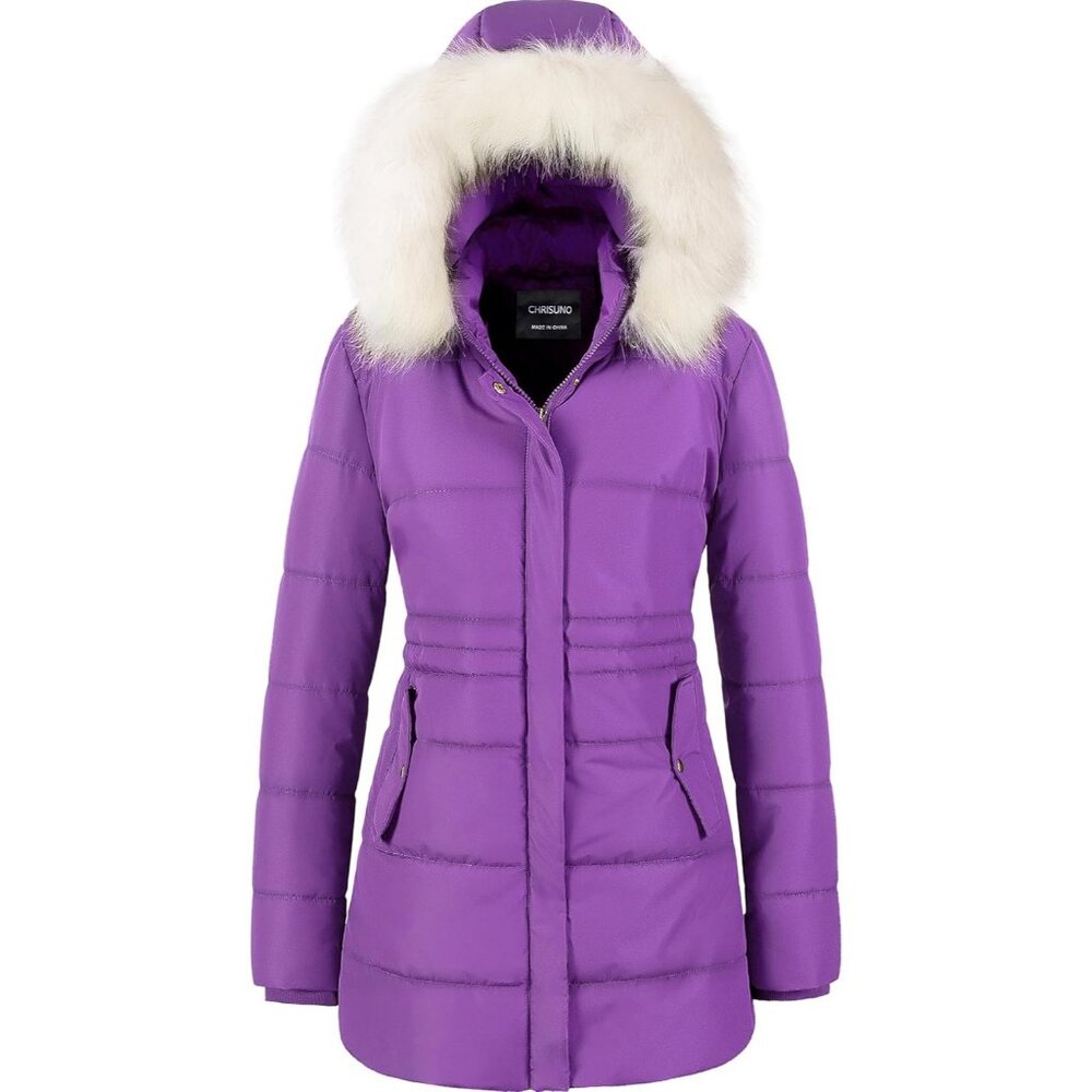 Women's Purple Puffer Jacket Removable Faux Fur Trim Hood Waterproof Snow Coats